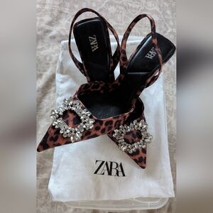 ZARA Leopard-Print Crystal-Embellished Slingback Pumps - Brown & Black
